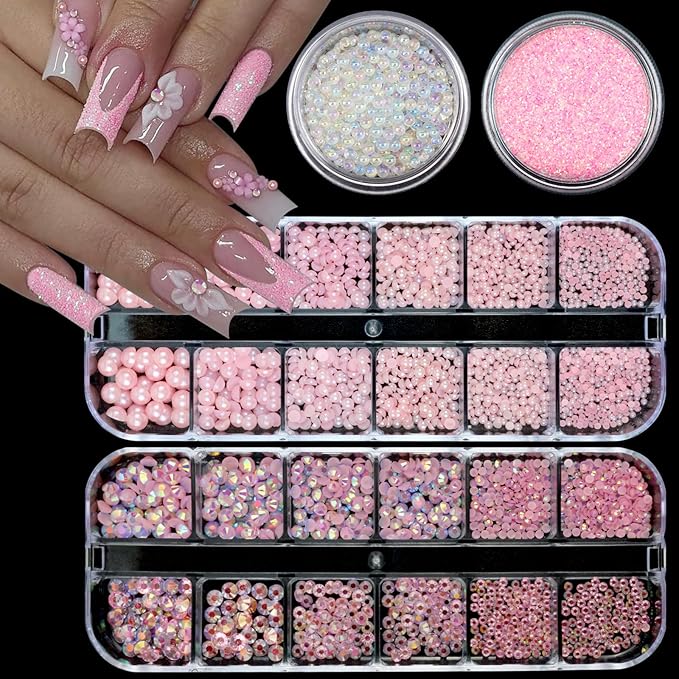 Nail Art Rhinestones Pink Nail Charms Resin Clear Jelly Rhinestones Pearls Glitter Supplies Crystal Gems Bubble Bead Accessories for Women Manicure Decorations Design