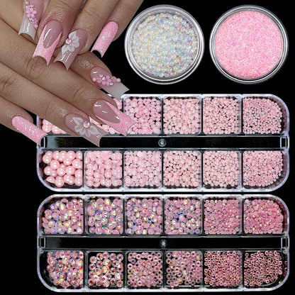 Nail Art Rhinestones Pink Nail Charms Resin Clear Jelly Rhinestones Pearls Glitter Supplies Crystal Gems Bubble Bead Accessories for Women Manicure Decorations Design