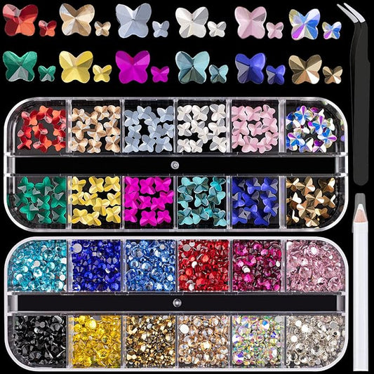 Mixed Color Flatback Round and Butterfly Shape Rhinestones Kit, Multi Size Glass Crystals Bead with Pickup Pencil and Tweezer for Nail Art