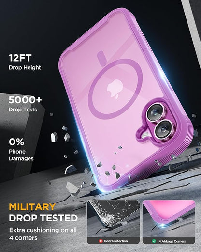 Miracase for iPhone 16 Case 6.1'', [Bubble Free] Full-Body Bumper Phone case with Built-in Full Glass Screen &Lens Protector,No Gap,Compatible with MagSafe,Drop Proof 16 Cover,Pink Purple