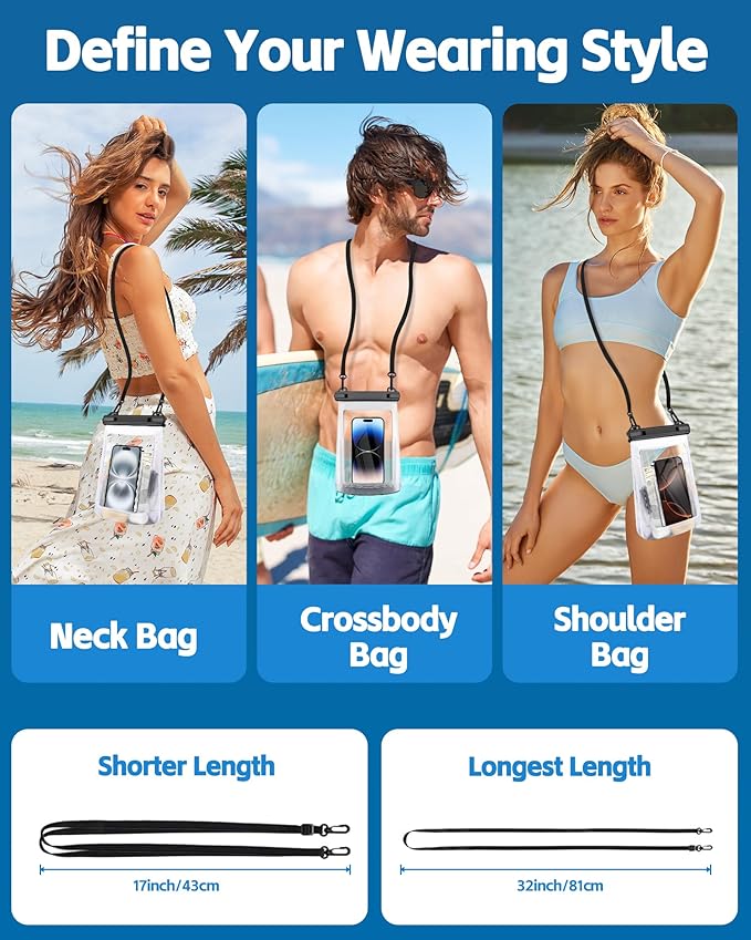 2L Floating Waterproof Phone Pouch for Up to 3 Phones [Up to 7.5"], Large Space Adjustable Neck Lanyard Waterproof Bag. Dry Bag for Family Vacations, Beach, Pools, Kayaking, Cruises - White