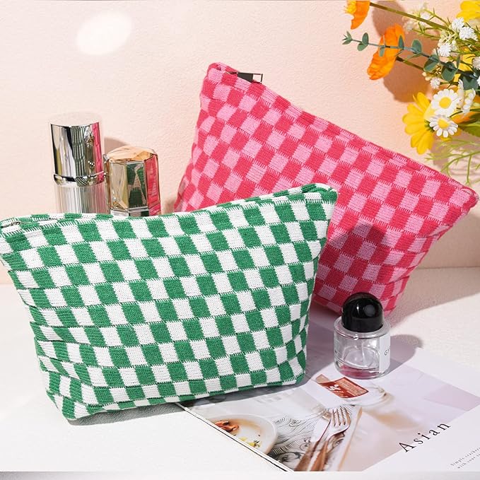 2 Pieces Makeup Bag Large Checkered Cosmetic Bag Capacity Canvas Travel Toiletry Bag Organizer Cute Makeup Brushes Aesthetic Accessories Storage Bag for Women, Checkered L Green Rose red
