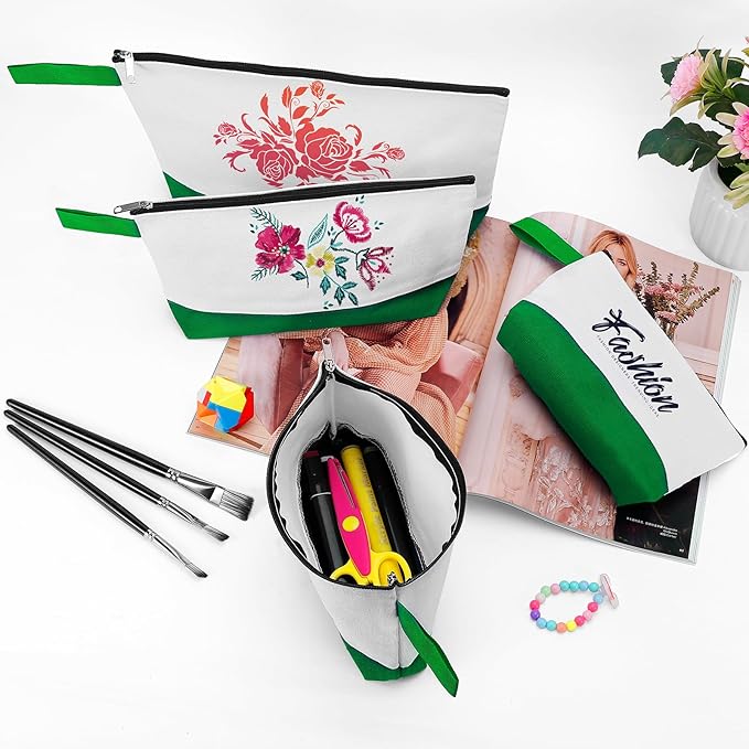 10 Pieces Cotton Canvas Makeup Bag with Bottom and Strap, Multi-Purpose Cosmetic Bag with Zipper Travel Toiletry Pouch, Blank DIY Craft Bag (White&Green, M)