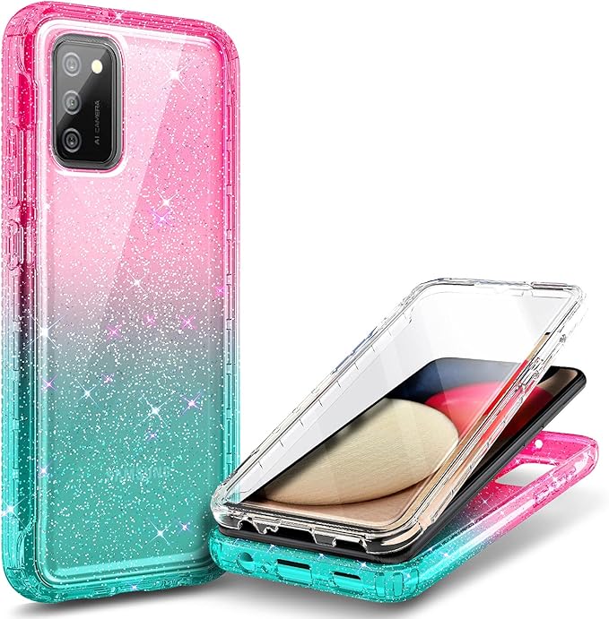 NZND Case for Samsung Galaxy A03S with [Built-in Screen Protector], Full-Body Protective Shockproof Rugged Bumper Cover, Impact Resist Phone Case (Glitter Pink/Aqua)