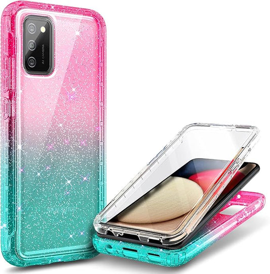 NZND Case for Samsung Galaxy A03S with [Built-in Screen Protector], Full-Body Protective Shockproof Rugged Bumper Cover, Impact Resist Phone Case (Glitter Pink/Aqua)