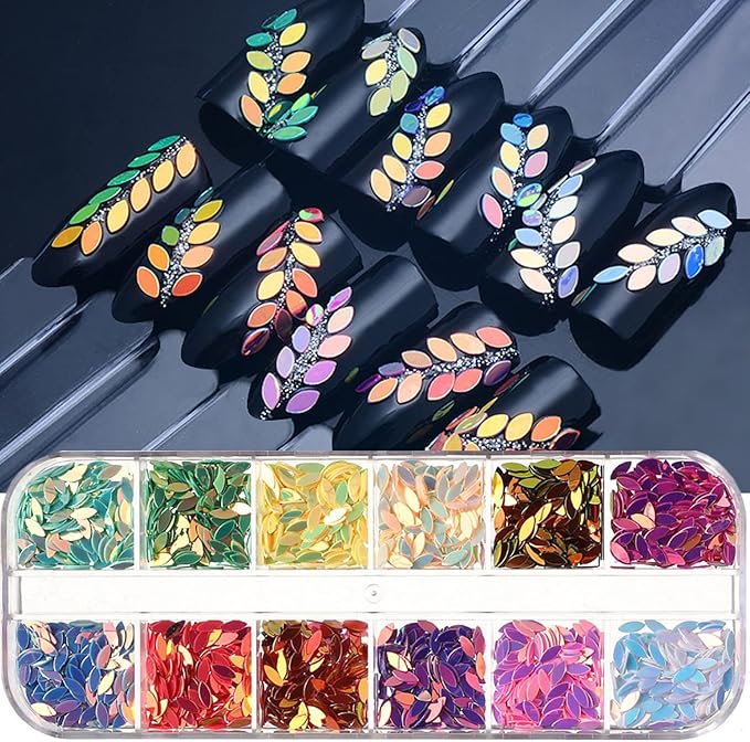 12 Colors Leaf Nail Art Glitter Sequins, Holographic 3D Leaves Nail Art Flakes Designs, Laser Leaf Glitter Acrylic Nails Supplies for Women Girls Manicure Sparkly Decorations, DIY Shiny Crafts