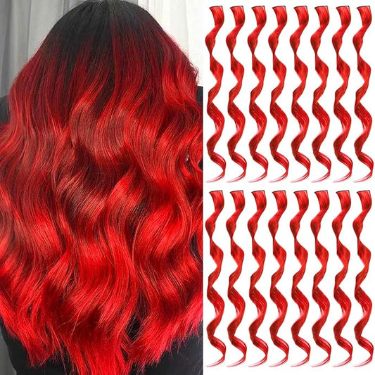 16 Pcs Colored Hair Extensions Curly Wavy Clip in Synthetic Hairpiece Streak for Girls Women Kids,Multi-colors Party Highlights Cosplay Festival Gift(Red)