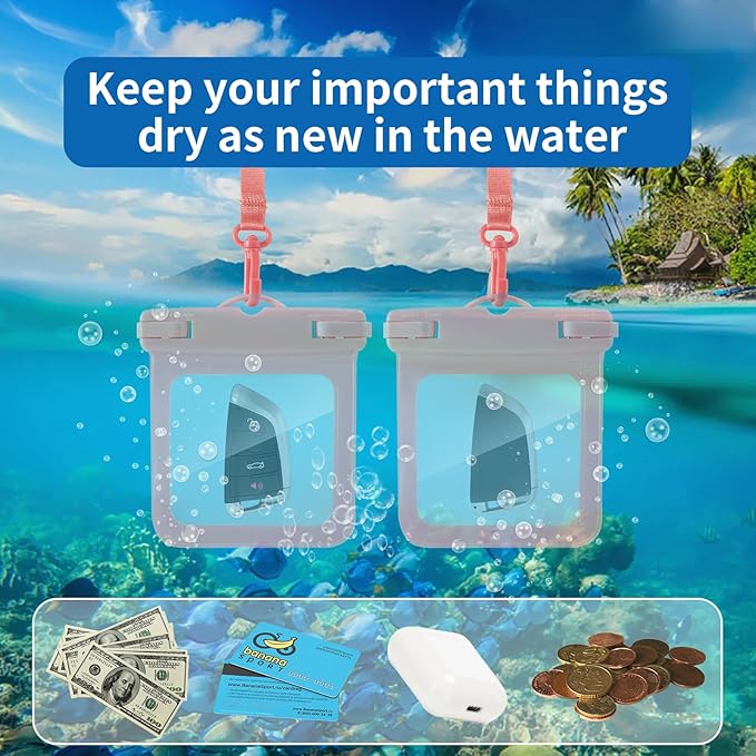 2 Pack Submersible Waterproof Wallet Dry Car Key Fob Case Bag,Swimming Surfing Water Sports Small Waterproof Pouch Holder for Door Ship Card Credit ID Card Driver Fishing License Cash Coins-Pink