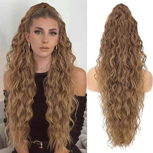 ORSUNCER Ponytail Extension Claw 30" Curly Pony Tail Clip in Claw Hair Extensions Fluffy Natural Looking Synthetic Hairpiece for Women Omber Brown