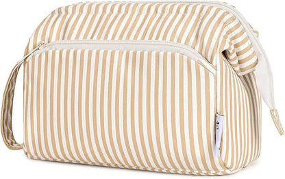Narwey Striped Makeup Bag Women Wide-open Make up Bag Travel Cosmetic Bag Organizer Toiletry Bag for Cosmetics Toiletries Accessories (Brown Stripe)