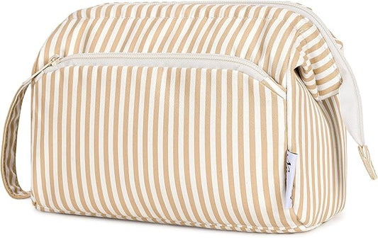 Narwey Striped Makeup Bag Women Wide-open Make up Bag Travel Cosmetic Bag Organizer Toiletry Bag for Cosmetics Toiletries Accessories (Brown Stripe)