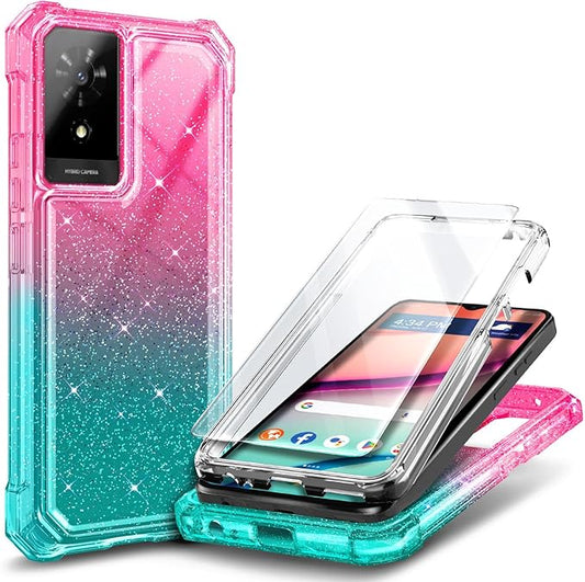 Designed for TCL K32 5G Phone Case with Screen Protector, [Raised Corners Drop Protection] Full-Body Protective Shockproof Rugged Bumper Cover (Glitter Pink/Aqua)