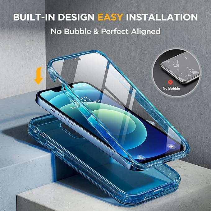 Miracase Glass Series for iPhone 12/12 Pro - Full-Body Rugged Protective Case with Built-in 9H Tempered Glass Screen Protector and Camera Lens Protector - Glitter Blue