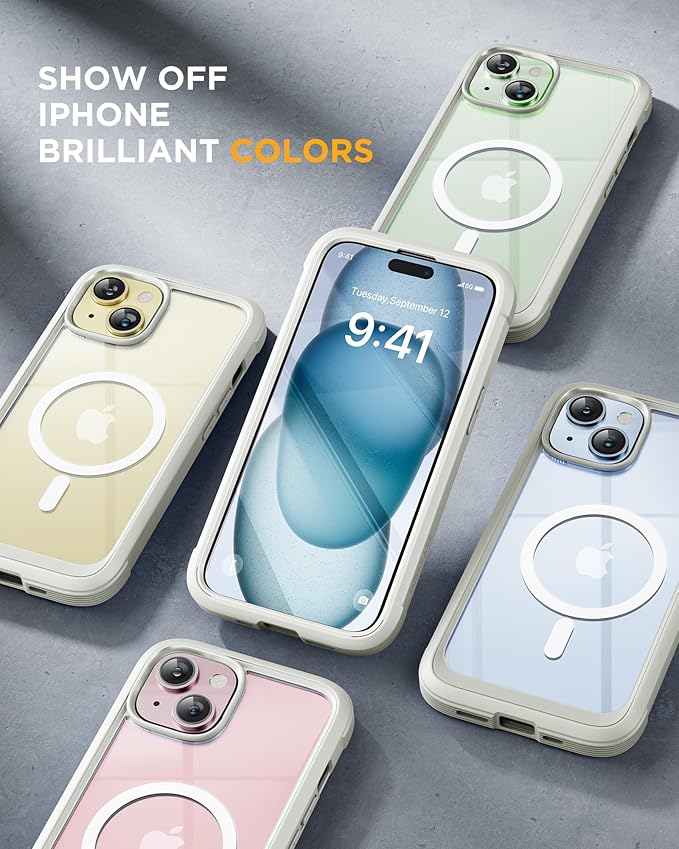 Miracase Glass Series for iPhone 15 Case [Compatible with MagSafe] Full-Body Magnetic Bumper Case with Built-in 9H Tempered Glass Anti-Fingerprint Screen Protector + Camera Lens Protector, White