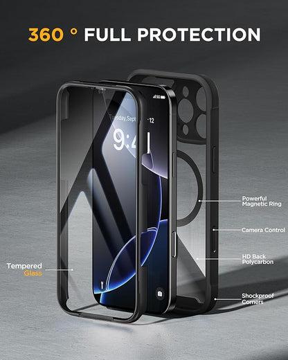 Miracase Magnetic for iPhone 16 Pro Case Full-Body Phone with Built-in Glass Screen Protector, [Compatible with MagSafe] Military Drop Proof 16 Pro Cover Bumper 6.3 inch, Black
