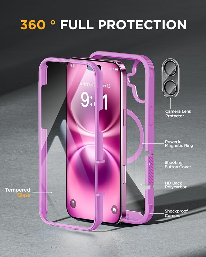Miracase for iPhone 16 Case 6.1'', [Bubble Free] Full-Body Bumper Phone case with Built-in Full Glass Screen &Lens Protector,No Gap,Compatible with MagSafe,Drop Proof 16 Cover,Pink Purple