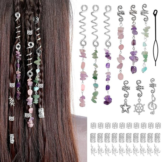 40Pcs Natural Colored Crystal Stone Hair Accessories, hoyuwak Metal Hair Charms, Silver Loc Dreadlock Spirals, Cuffs & Rings for Women's Hairstyles