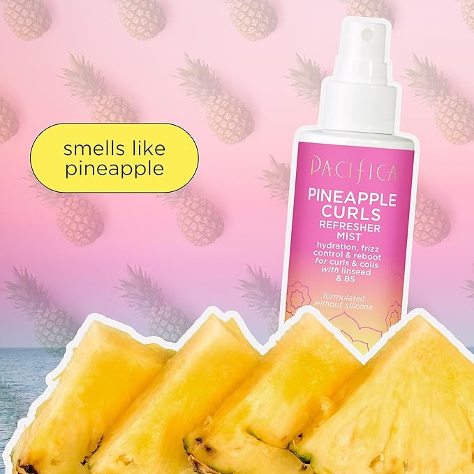 Pacifica Pineapple Curls Refresher Mist Frizz Control Spray & Curly Hair Enhancing -w/Hyaluronic Acid Vitamin B5 & Natural Plant Oils Revitalizes Curls - Vegan Cruelty Free Dermatologist Tested