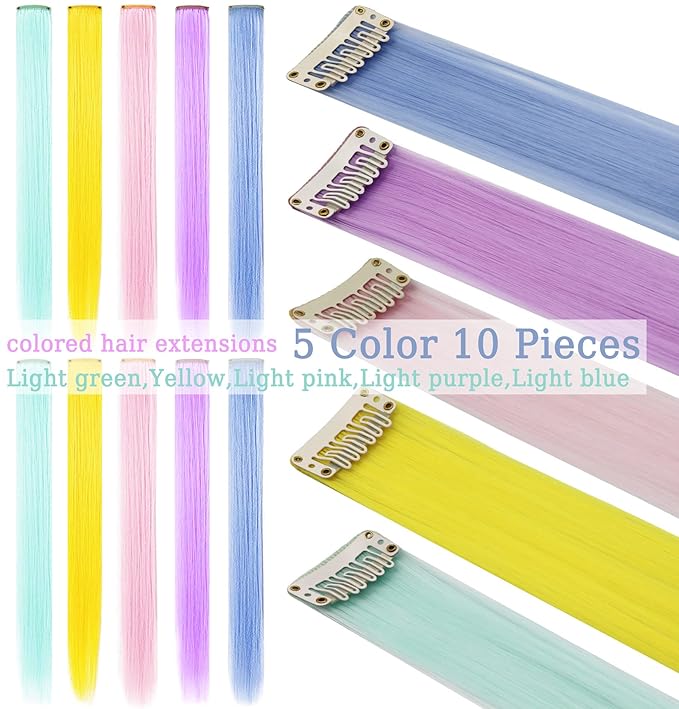 10 PCS Colored Hair Extensions, Multi-colors Party Highlights Clip in Heat-Resistant Synthetic Hair Extensions 20 Inch (Light blue Light pink Light green Light purple Yellow)