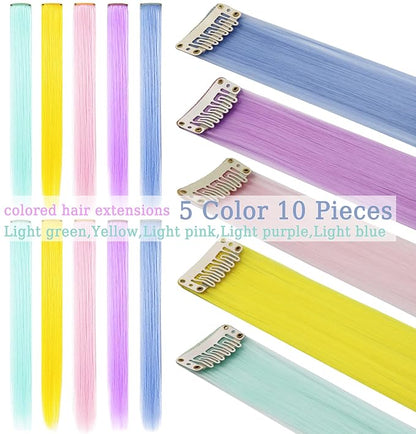 10 PCS Colored Hair Extensions, Multi-colors Party Highlights Clip in Heat-Resistant Synthetic Hair Extensions 20 Inch (Light blue Light pink Light green Light purple Yellow)