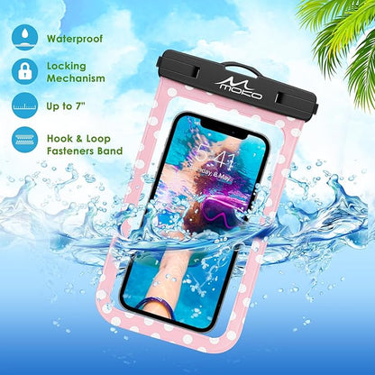 MoKo Waterproof Phone Pouch Holder, Cellphone Case Dry Bag with Lanyard Armband Compatible with iPhone 16 15 14 13 12 11 Pro Max, Samsung S24/S23/S21/S20/S10, Pink dots
