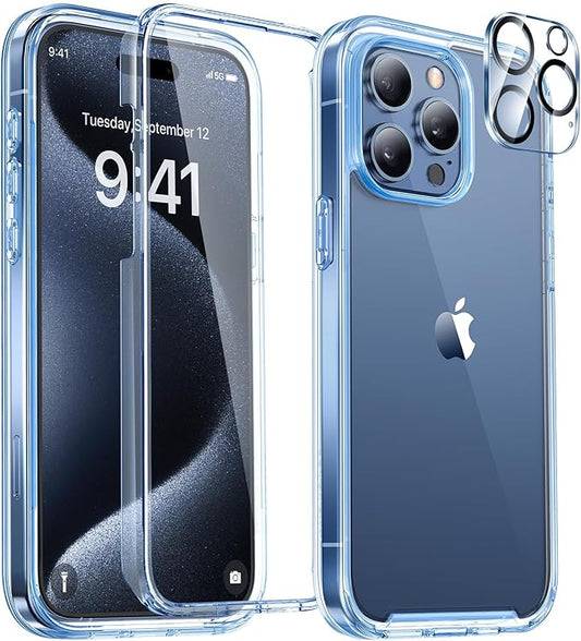 Miracase Glass Series for iPhone 15 Pro Max Case 6.7 Inch, Full-Body Drop Proof Phone Case for iPhone 15 Pro Max with Built-in 9H Tempered Glass Screen Protector + Camera Protector, Clear Blue