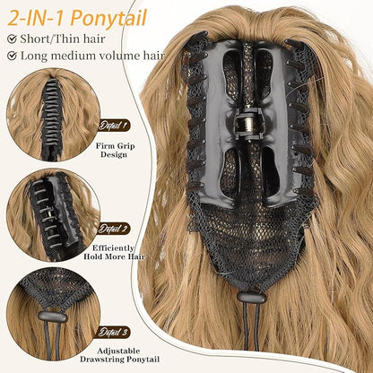 ORSUNCER Ponytail Extension Claw 18" Curly Pony Tail Clip in Claw Hair Extensions Fluffy Natural Looking Synthetic Hairpiece for Women Blonde Highlight