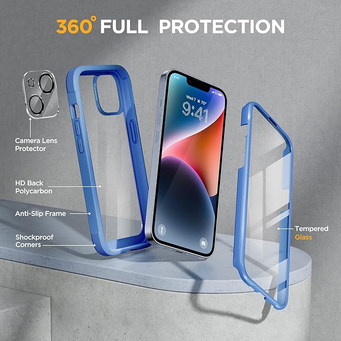 Miracase Glass Series Designed for iPhone 14 Plus Case 6.7 inch, 2023 Upgrade Full-Body Clear Bumper Case with Built-in 9H Tempered Glass Screen Protector and Camera Lens Protector,Blue