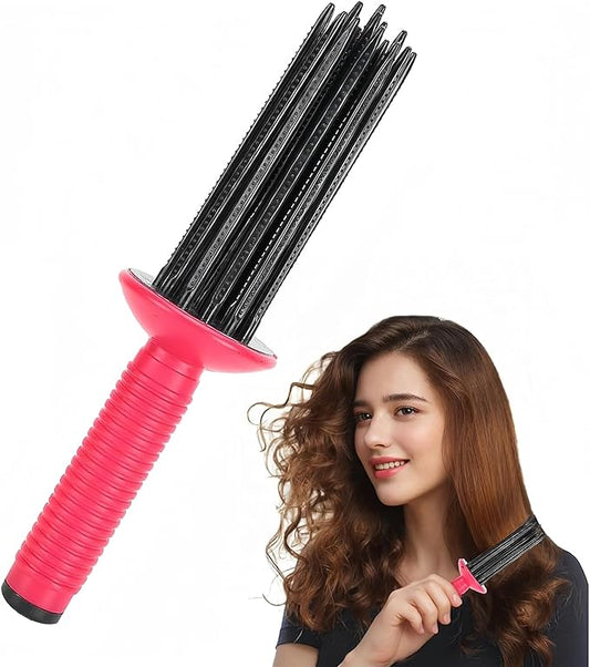 Curly Hair Styler Tool, 17 Teeth Curling Roll Comb - Rose red+Black, Hair Salon Professional Curling Brush for Home Use