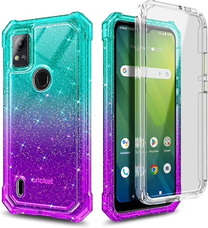 Designed for Cricket Icon 5 Case, AT&T Motivate 4 Phone Case with [Built-in Screen Protector], [5.5FT Mil-Grade Drop Tested] Full-Body Protective Shockproof Bumper Case (Glitter Aqua/Purple)