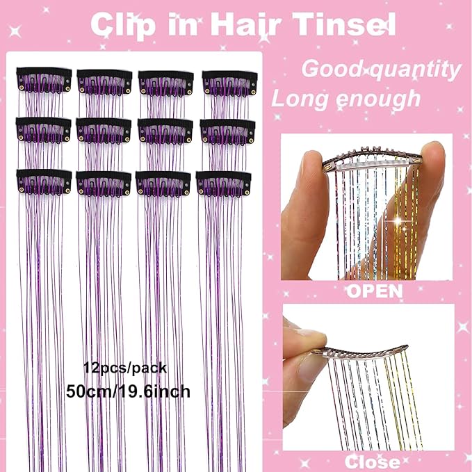12Pcs Hair Tinsel Clip in Glitter Tinsel Hair Extensions 19.6Inch Clip in Hair Tinsel Kit Heat Resistant Shiny Sparkly Fairy Hair Accessories for Women Girls Kids (Purple)