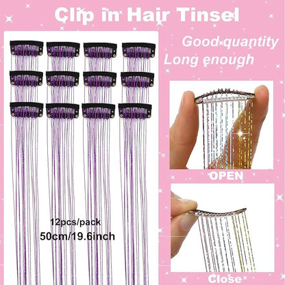 12Pcs Hair Tinsel Clip in Glitter Tinsel Hair Extensions 19.6Inch Clip in Hair Tinsel Kit Heat Resistant Shiny Sparkly Fairy Hair Accessories for Women Girls Kids (Purple)