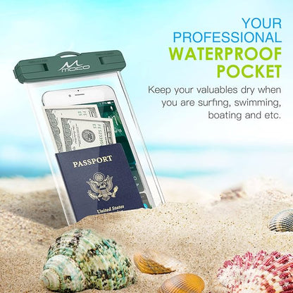 MoKo Waterproof Phone Pouch [3 Pack], Underwater Clear Phone Case Dry Bag with Lanyard Compatible with iPhone 13 Mini/12/11 Pro Max, X/Xr/Xs, SE 3/2, Samsung S21/S9, Note 10, Indigo+Army Green+Black