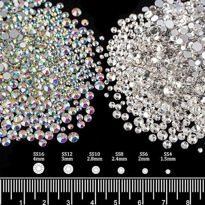 4 Mixed Colors Flatback Round Rhinestones Kit #9, Multi Size Glass Crystals Bead with Pickup Pencil and Tweezer for Nail Art