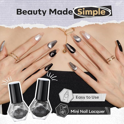 modelones Nail Polish Set, 6 Colors White Black Nail Polish with Magnet Glitter Cat Eye Magnetic Non Toxic Quick Dry Nail Polish Kit Fast Drying Fingernail Polish Salon Home DIY Gifts For Women Girl