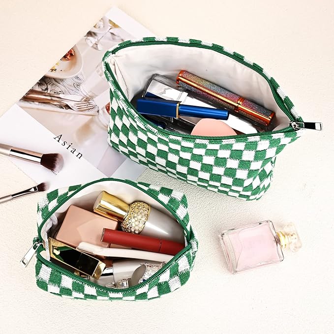 2 Pieces Makeup Bag Large Checkered Cosmetic Bag Capacity Canvas Mix Travel Toiletry Bag Organizer Cute Makeup Brushes Aesthetic Accessories Storage Bag for Women, Checkered Mix Green