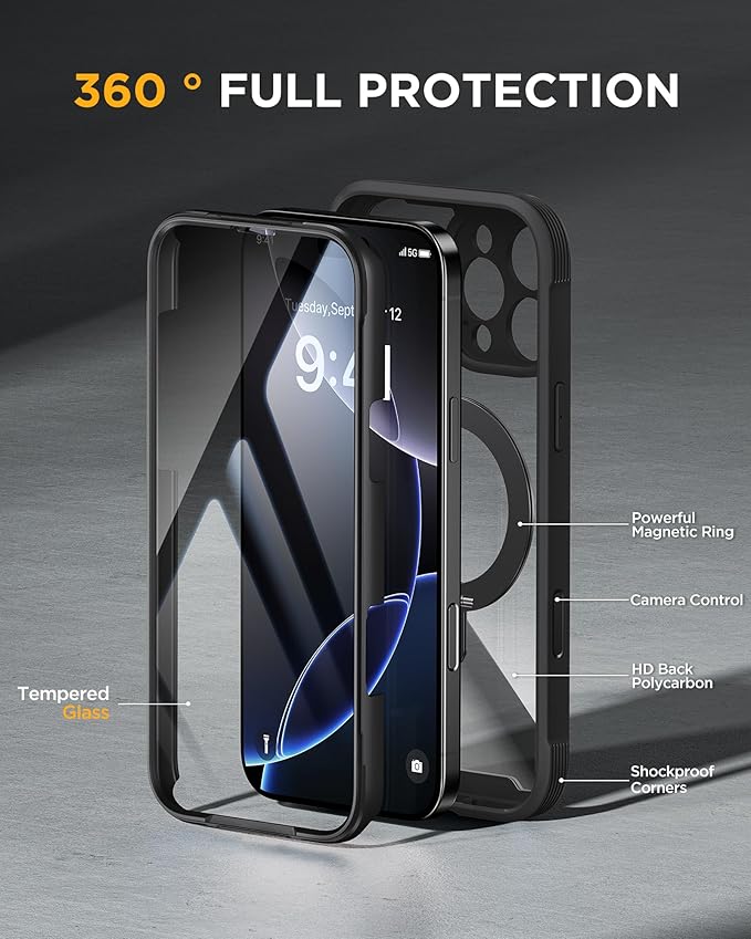 Miracase for iPhone 16 Pro Max Case with 360° Magnetic Ring Stand [Compatible with Magsafe] Full-Body Drop Proof Bumper Phone Case with Built-in 9H Tempered Glass Screen Protector,Black