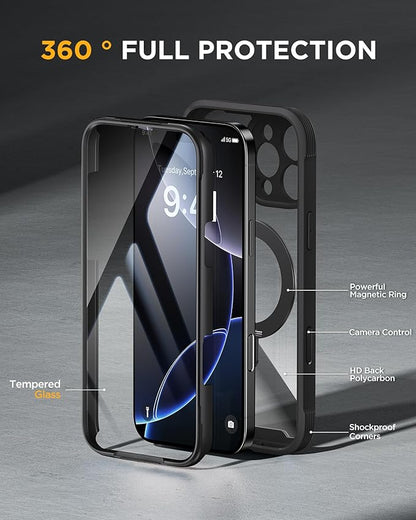 Miracase for iPhone 16 Pro Max Case with 360° Magnetic Ring Stand [Compatible with Magsafe] Full-Body Drop Proof Bumper Phone Case with Built-in 9H Tempered Glass Screen Protector,Black