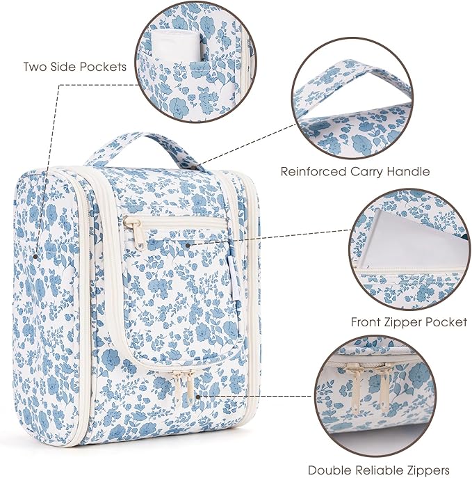 Narwey Hanging Toiletry Bag Women Travel Makeup Bag Organizer Toiletries Bag for Travel Size Essentials Accessories Cosmetics (Medium,Little Blue Flower)