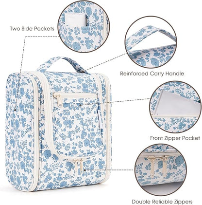 Narwey Hanging Toiletry Bag Women Travel Makeup Bag Organizer Toiletries Bag for Travel Size Essentials Accessories Cosmetics (Medium,Little Blue Flower)