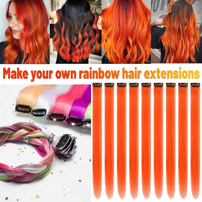 22 inch Colored Hair Extensions, Multi-colors Party Highlights Clip in Synthetic Hairpiece for Halloween Girl Women Kids Party Gift(10 PCS Orange)