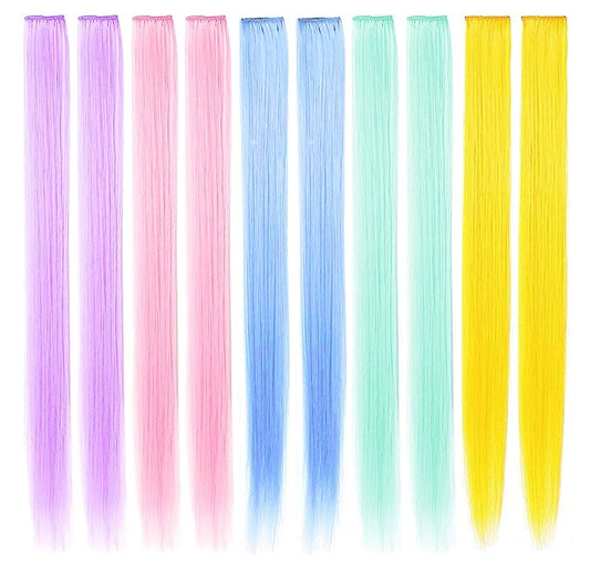 10 PCS Colored Hair Extensions, Multi-colors Party Highlights Clip in Heat-Resistant Synthetic Hair Extensions 20 Inch (Light blue Light pink Light green Light purple Yellow)