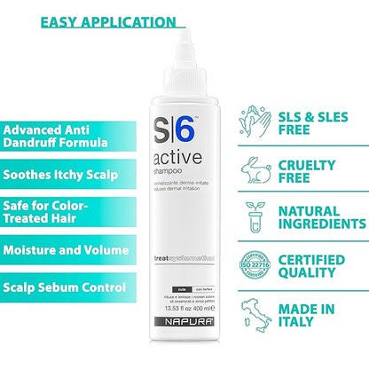 NAPURA S6 Active Professional Anti Dandruff Shampoo with Tea Tree Oil, 1% Zinc and 1% Salicylic Acid - Natural Itchy Scalp Treatment (13.53 fl oz) for Men and Women