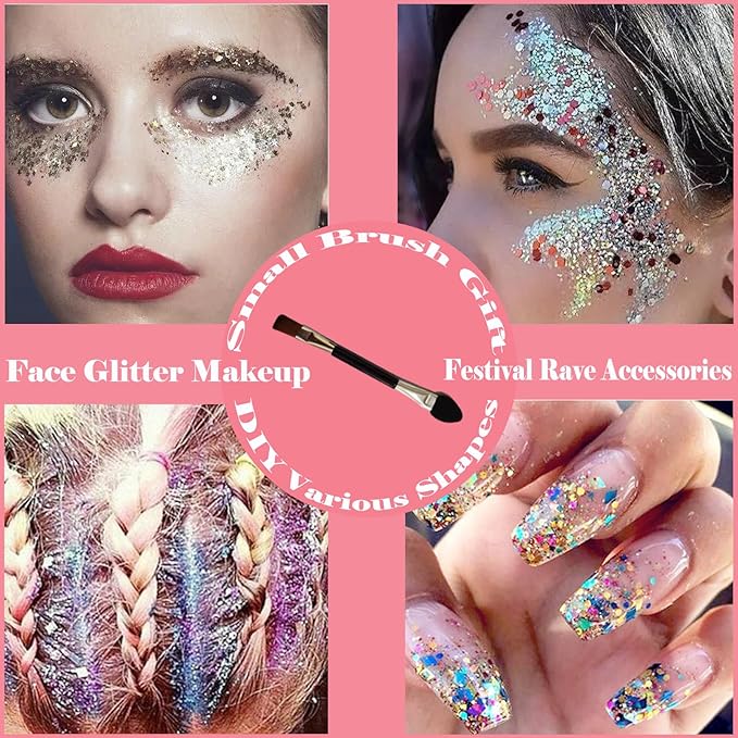 Body Glitter Face Glitter Gel: Singer Concerts Disco Festival Rave Accessories Face Glitter Makeup 150ml Chunky Sequins Mermaid Face Body Hair Glitter Gel (White&Silver&Gold)