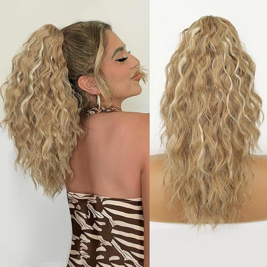 ORSUNCER Ponytail Extension Claw 18" Curly Pony Tail Clip in Claw Hair Extensions Fluffy Natural Looking Synthetic Hairpiece for Women Blonde Highlight