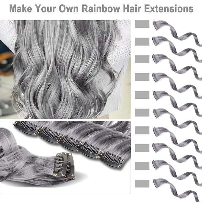 10 PCS Grey Hair Extensions, Curly Wavy Synthetic Hairpieces Clip in Rainbow Neon Party Highlights, Colorful Hair Accessories for Girls Women 17 inch (Grey)