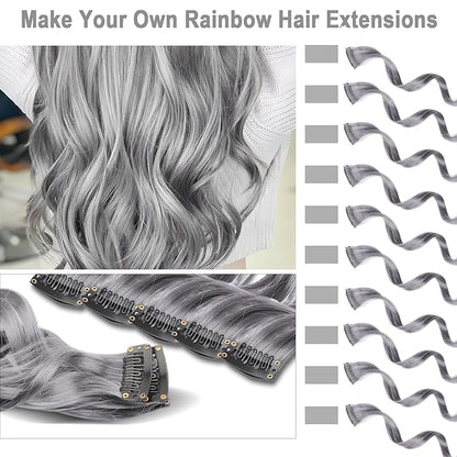 10 PCS Grey Hair Extensions, Curly Wavy Synthetic Hairpieces Clip in Rainbow Neon Party Highlights, Colorful Hair Accessories for Girls Women 17 inch (Grey)