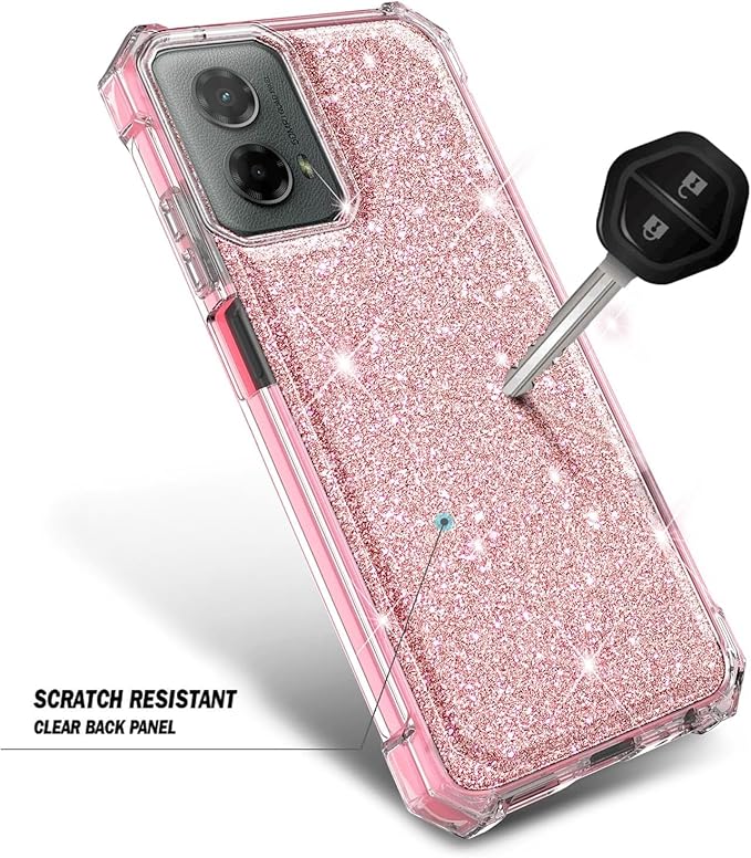 Designed for Motorola Moto G-Power-5G-2024 Case with Tempered Glass Screen Protector, 12FT Military Grade Drop Tested, Full-Body Protective Shockproof Bumper Cover, Glitter Rose Gold