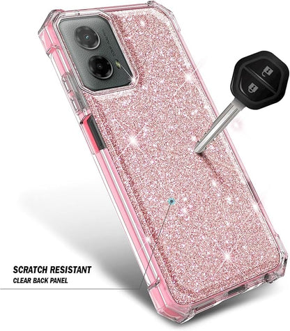 Designed for Motorola Moto G-Power-5G-2024 Case with Tempered Glass Screen Protector, 12FT Military Grade Drop Tested, Full-Body Protective Shockproof Bumper Cover, Glitter Rose Gold