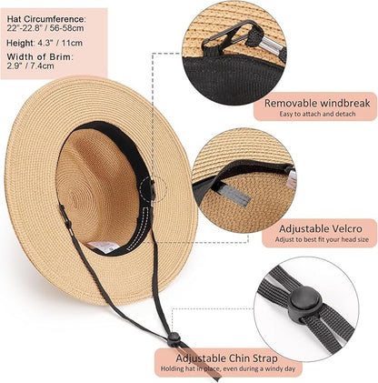 DRESHOW Women Straw Panama Hat Travel Fedora Beach Sun Hat Summer Wide Brim Straw Roll up Hat UPF 50+